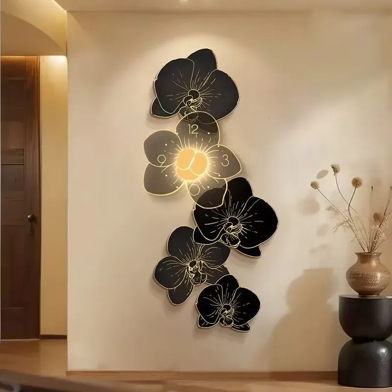 Floral living room entrance decoration painting with lights clock 2024 new corridor corridor mural light luxury high-end hanging