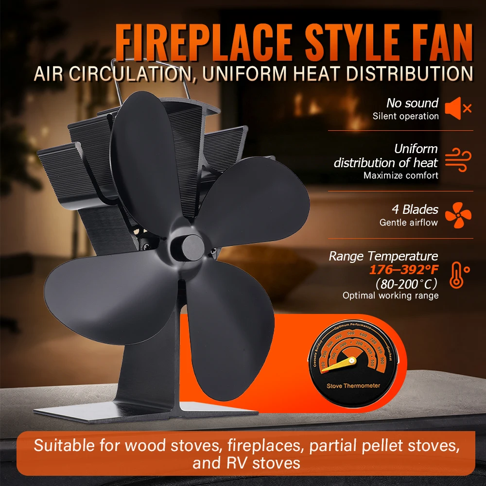 Black Fireplace Fan 4 Blade Heat Powered Stove Fan komin Log Wood Burner Eco Friendly Quiet Fan Home Efficient Heat Distribution