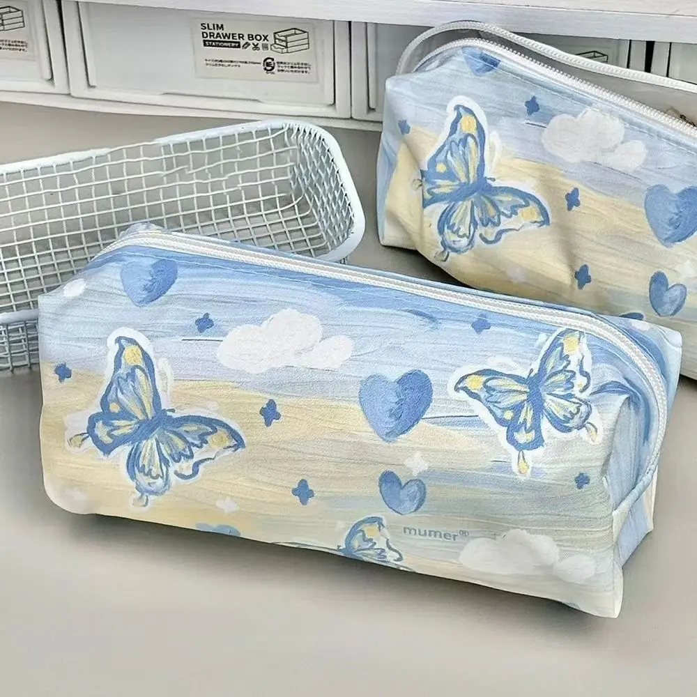 Multi-functional Canvas Pen Bag Oil Painting Series Large Capacity Pencil Case Blue Butterfly Stationery Bag Gift