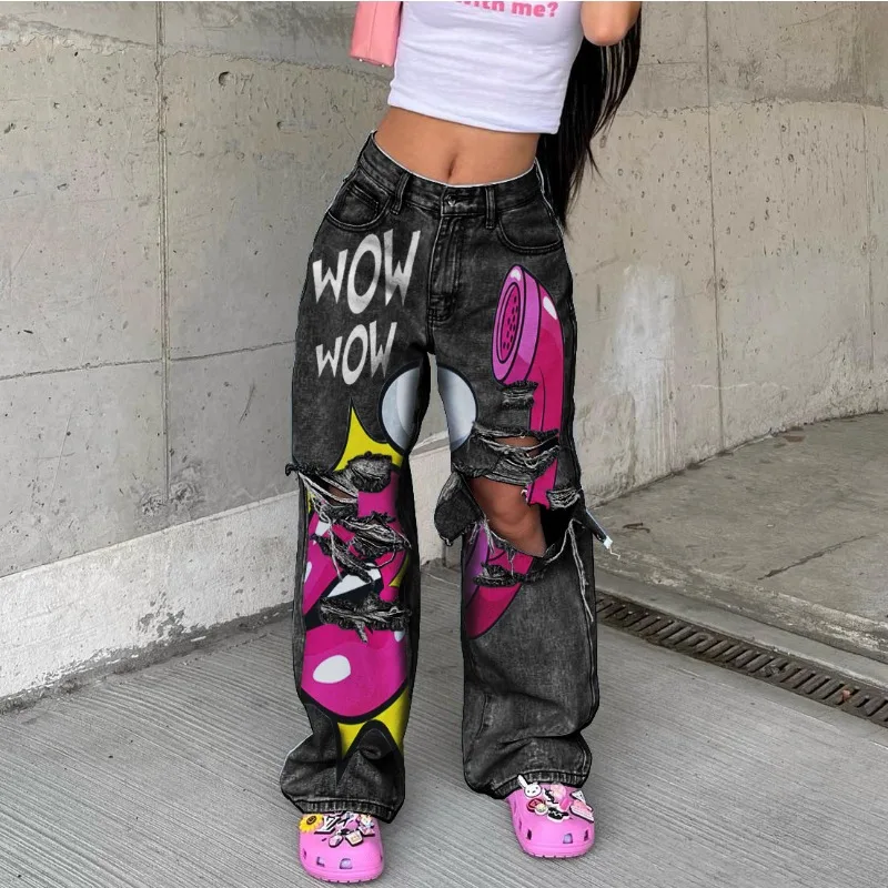 Retro Washed High Waist Wide Leg Jeans Women 2023 Fashion New Product Personalized Print Hollow Hole Straight Leg Trousers