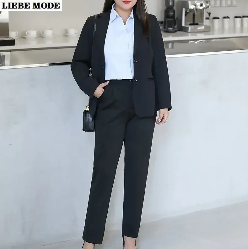 

Plus Size Women's Office Suit Fashion Blazer Pantsuit Black Navy Blue Suit Jacket and Trousers 2 Piece Set Oversize Pants Suite