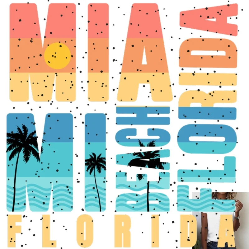 Miami Beach Florida Theme Heat Transfer White Ink Iron - on Patch, with Coconut Tree, Wave & Sunset Elements, Suitable for T -
