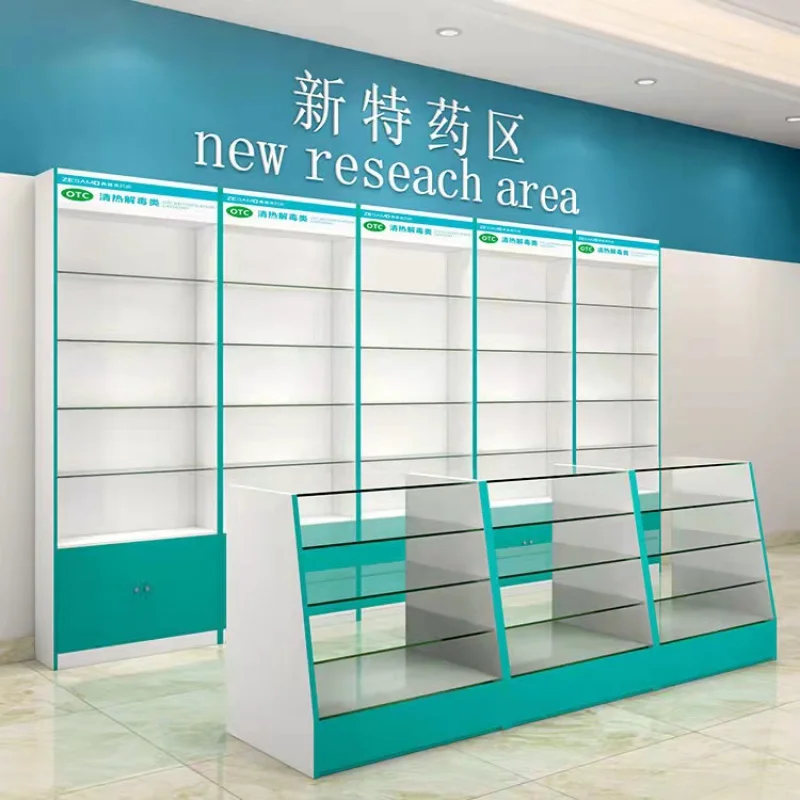 custom，Factory Wooden Glass Pharmacy Display Shelves Pharmacy Cabinet Retail Pharmacy Shop Furniture for Medical Store