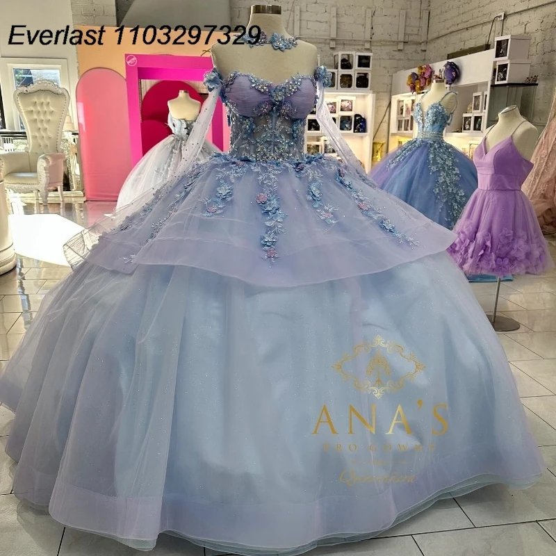 EVLAST Princess Blue Quinceanera Dress Ball Gown Lace Applique cristalli di perline con mantello Sweet 16 Vestidos De 15 Anos TQD766