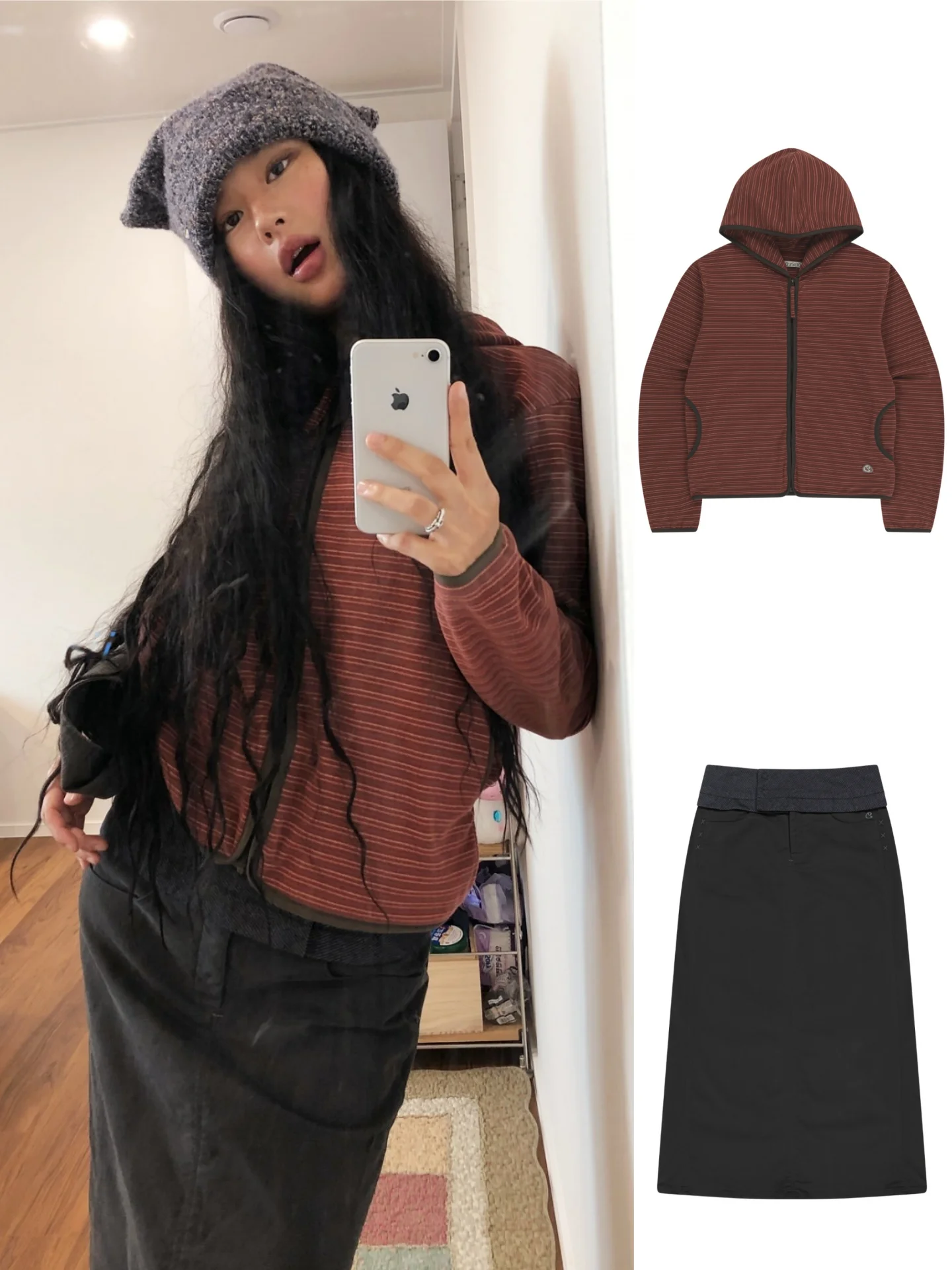 Retro Striped Splicing Anti-Aging Japanese Style Hooded Jacket Half Skirt Unique SEI Blogger Style Loose Fit Long Sleeve Zipper