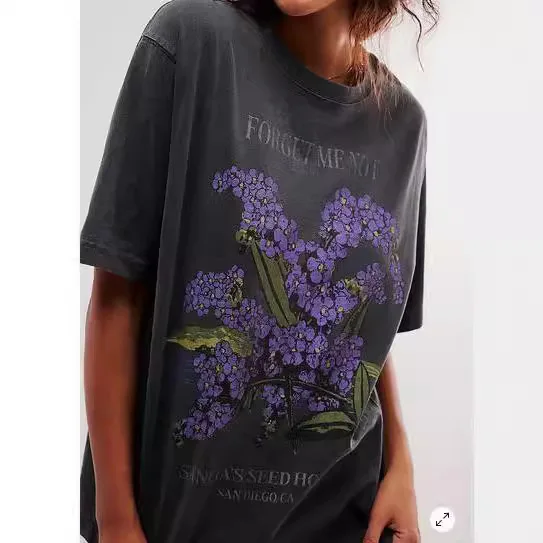 

Summer Women's New Printed Flower Retro round Ne Tirt Casual Loose Fit Polyester ort Sve T-irt for Ladies