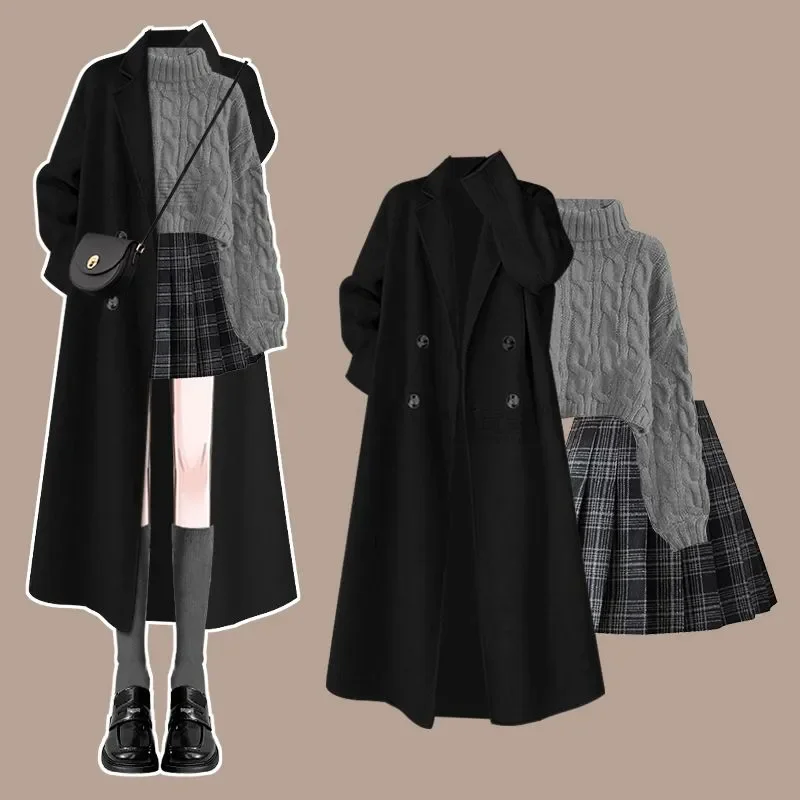 

Korean Style 2026 Autumn and Winter New Thin Long Jacket Knitted Sweater Mini Skirt Three Piece Set Elegant Women's Skirt Set