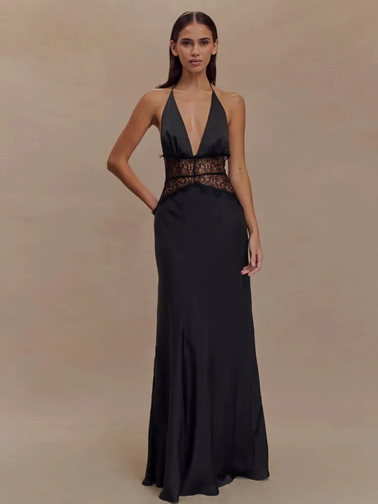 فستان ماكسي نسائي من DFDG لربيع وصيف 2026، بتصميم رقبة مفتوحة وتطريز دانتيل، مصنوع من الساتان، بفتحة صدر عميقة على شكل V، مناسب للحفلات الرسمية، أنيق وعصري