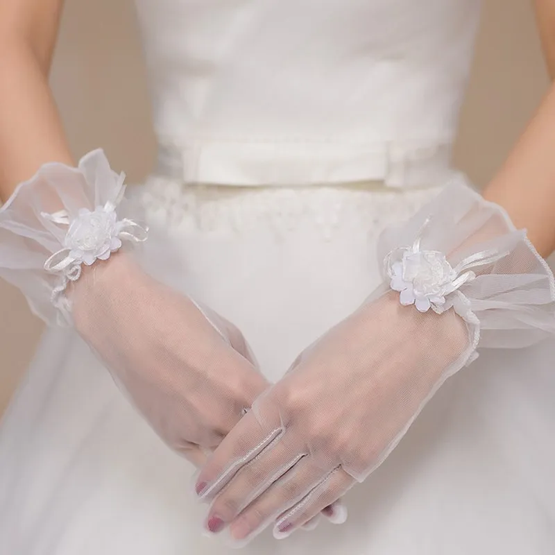 Guantes de dedo de gasa elástica para mujer, longitud de la muñeca, encaje de flores, boda, banquete de noche, fiesta de graduación