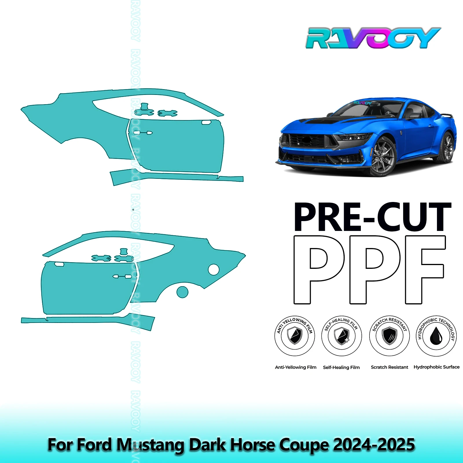 

For Ford Mustang Dark Horse Coupe 2024-2025 8.5mil Clear Matte Pre-Cut PPF Door & A/B Pillar Kit TPU Paint Protection Film Set