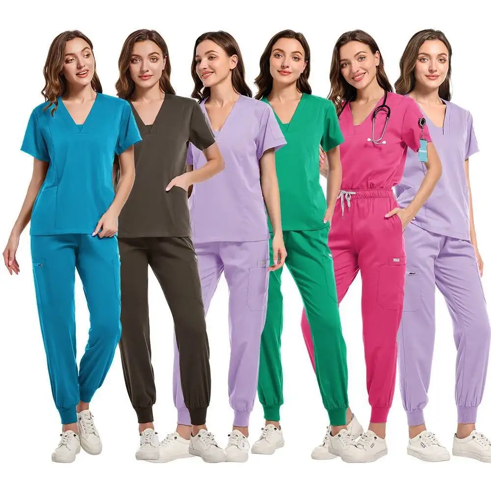 Dwuczęściowy strój medyczny z krótkim rękawem, dekoltem w serek, kieszeniami, bluzka medyczna i spodnie typu jogger ze sznurkiem, uniform dla lekarza, pielęgniarki, odzież robocza.