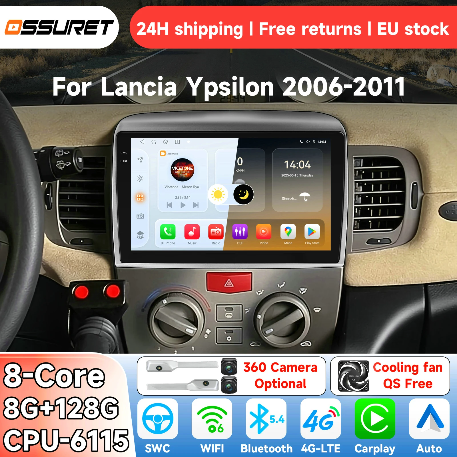 OSSURET Autoradio Android 14 per Lancia Ypsilon 2006 - 2011 Sistema Intelligente Carplay Lettore Multimediale Video GPS 4G 6115