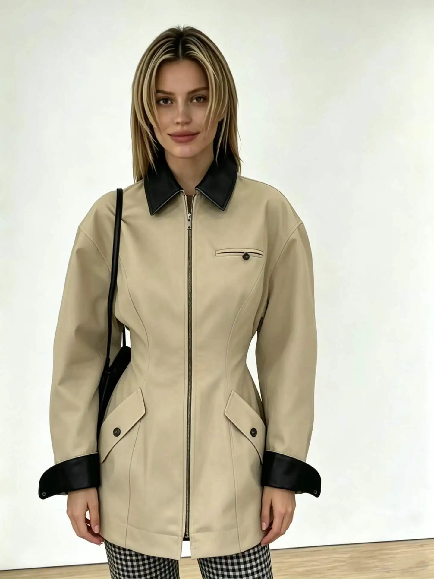 Laur 2026 Women Color Block Lapel Jacket Zipper Waist Slim Mid Length Casual Outerwear