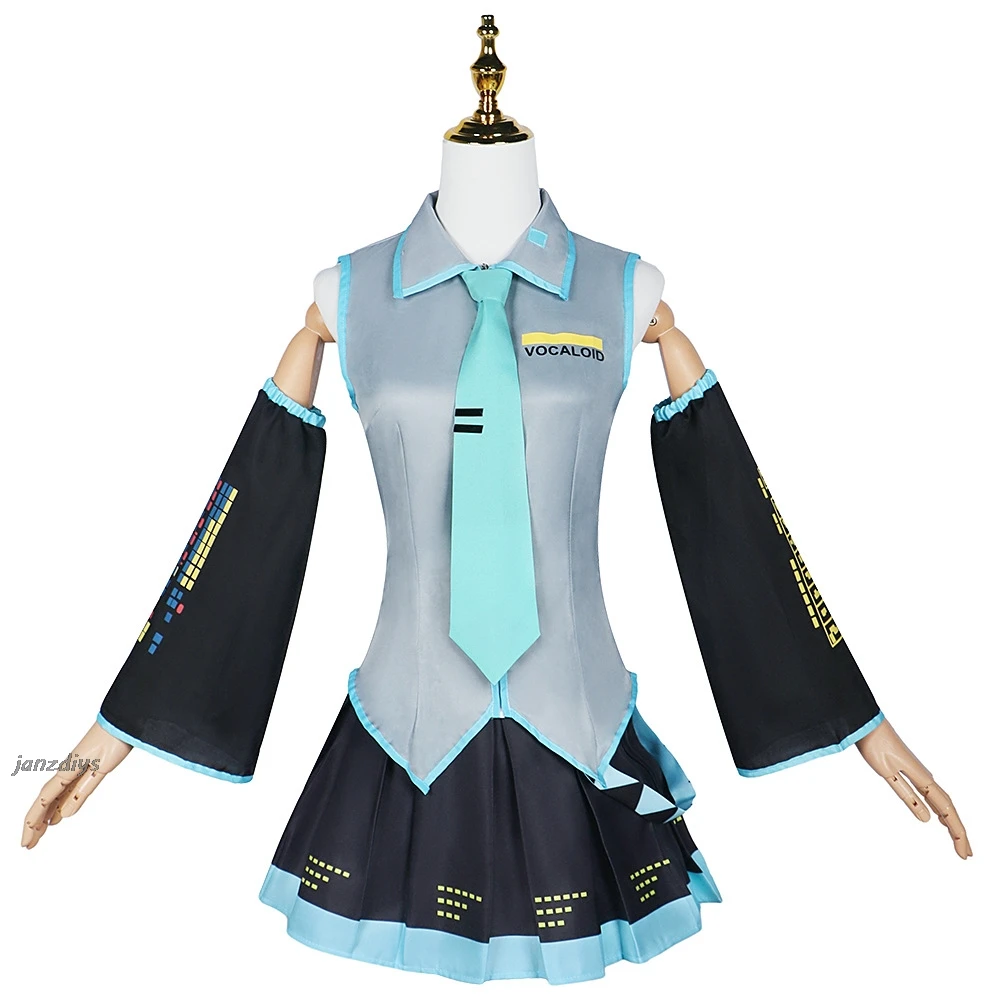 Mikuu Cosplay Full Set Silver Grey Patent Leather Fabric Suit Miku Cosplay Shoes Headwear Costume Outfit JK uniform Cosplay