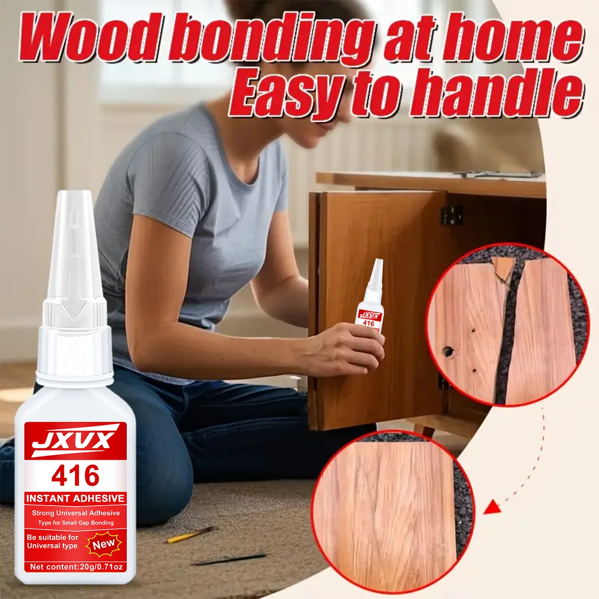 JXVX Accelerated Drying 416 Superkleber, Aktivator-Cyanacrylat-Kleber hinzufügen, starker Sofortkleber für Glas, Metall, Kunststoff, Holz, Keramik, Gummi, schnell trocknend und wasserdicht – 20 ml