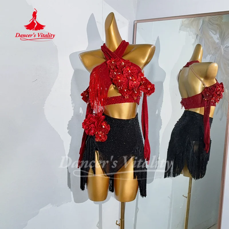 Costume de danse latine personnalisé, haut à fleurs exquises + jupe à franges, 2 pièces, tenue de compétition de Tango Cha Samba pour adultes et enfants