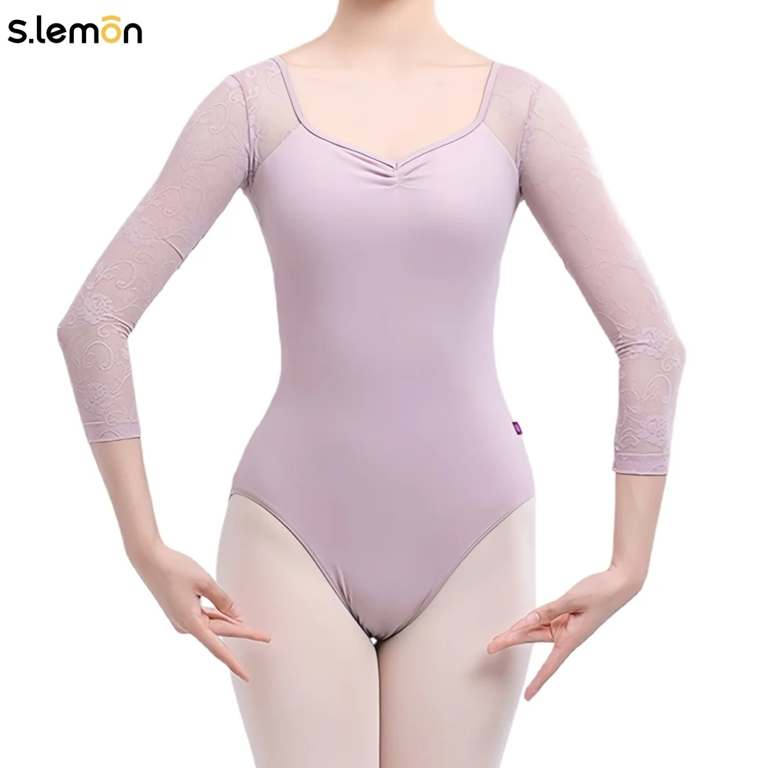 

S.lemon Women Lycra Ballet Dance Leotard 3/4 Sleeve Lace Panel High Waist Slim Fit Black/Mist Purple