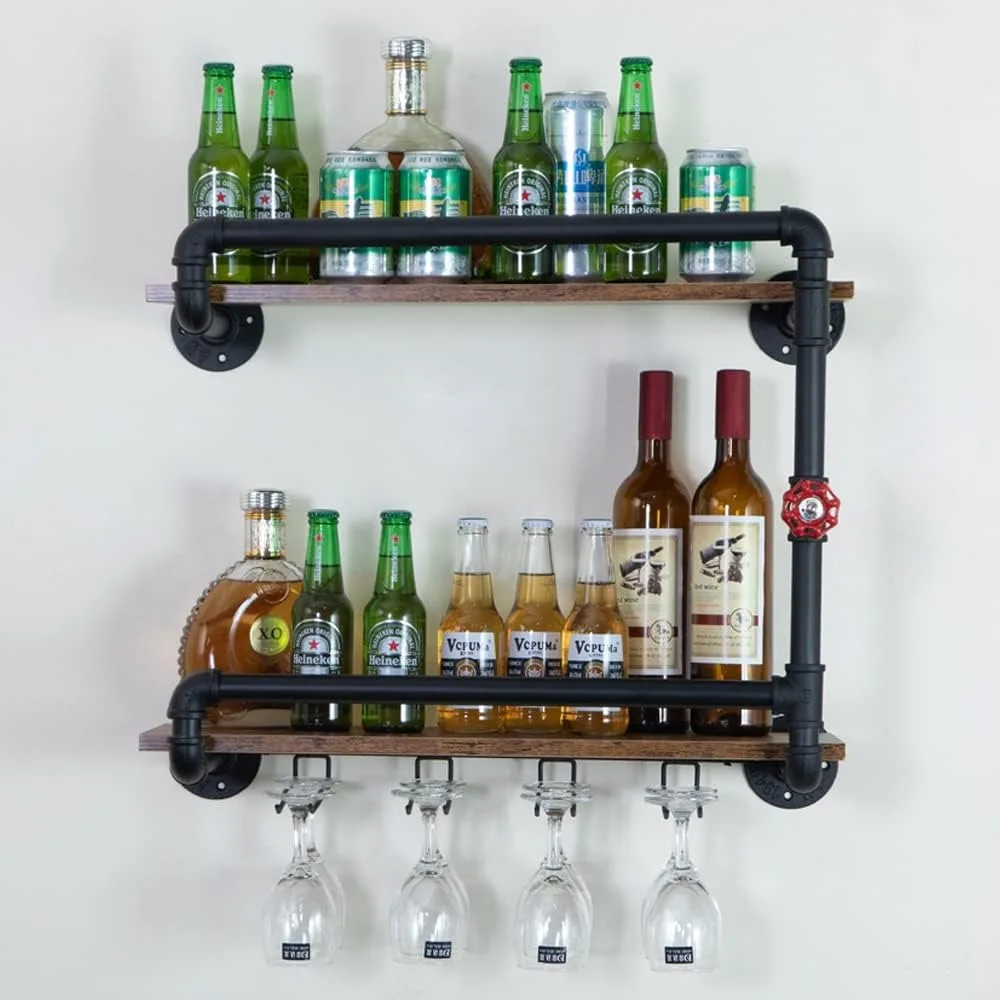 Wijnrek Muur Gemonteerd 2 Tier, Hangende Zwevende Kleine Mini Bar Liquor Planken Met Glazen Houder Opslag Onder