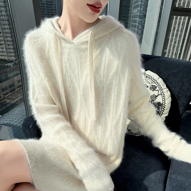 Suéter feminino para o calor do inverno, pulôver com capuz 100% caxemira de vison, elegante e moderno, alongado, cor sólida solta vers