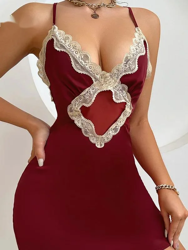 Satijn Kant Franse Diepe V Sexy Taille Cinching Effen Kleur Backless Dames Jarretel Casual Jurk Elegant Polychroom Zomer FLSG