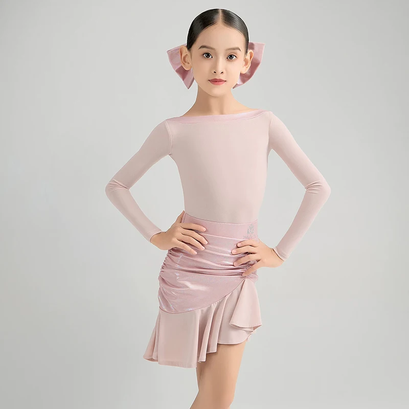 Children Latin Dance Performance Costumes For Girls Long Sleeved Split Skirts Practice Outfits Rumba Chacha Latin Wear DQS24749