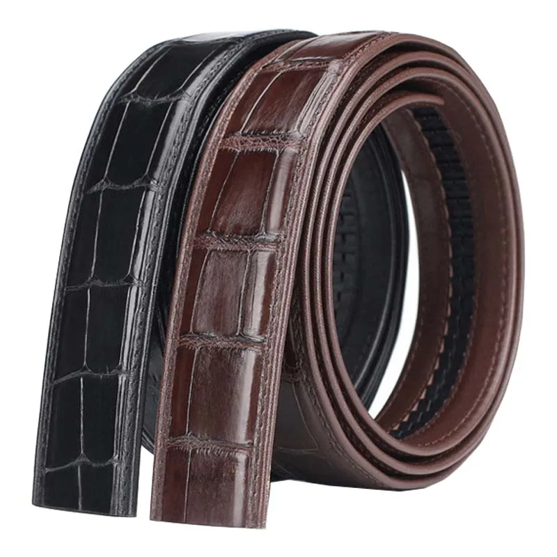 ボタンレス-クロコダイルレザーベルト、メンズ-ビジネス-オートマチックバックル、34cm-本物のクロコダイル腹革ベルト