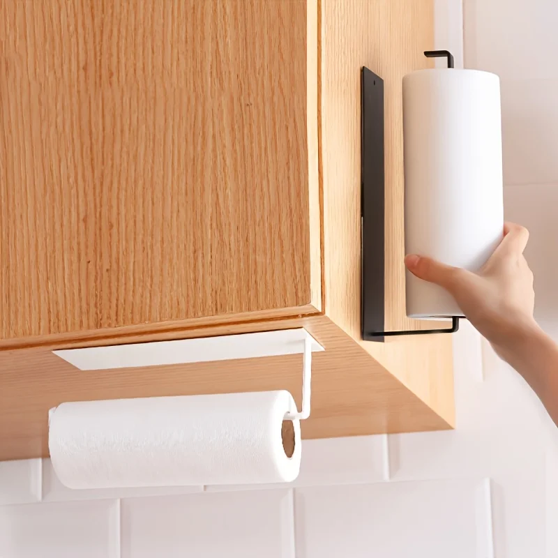 Kitchen Carbon Steel Paper Towel Holder No Punch Cabinet Paper Shelf Household Roll Paper Hanger Plastic Wrap Rag Storage Rack