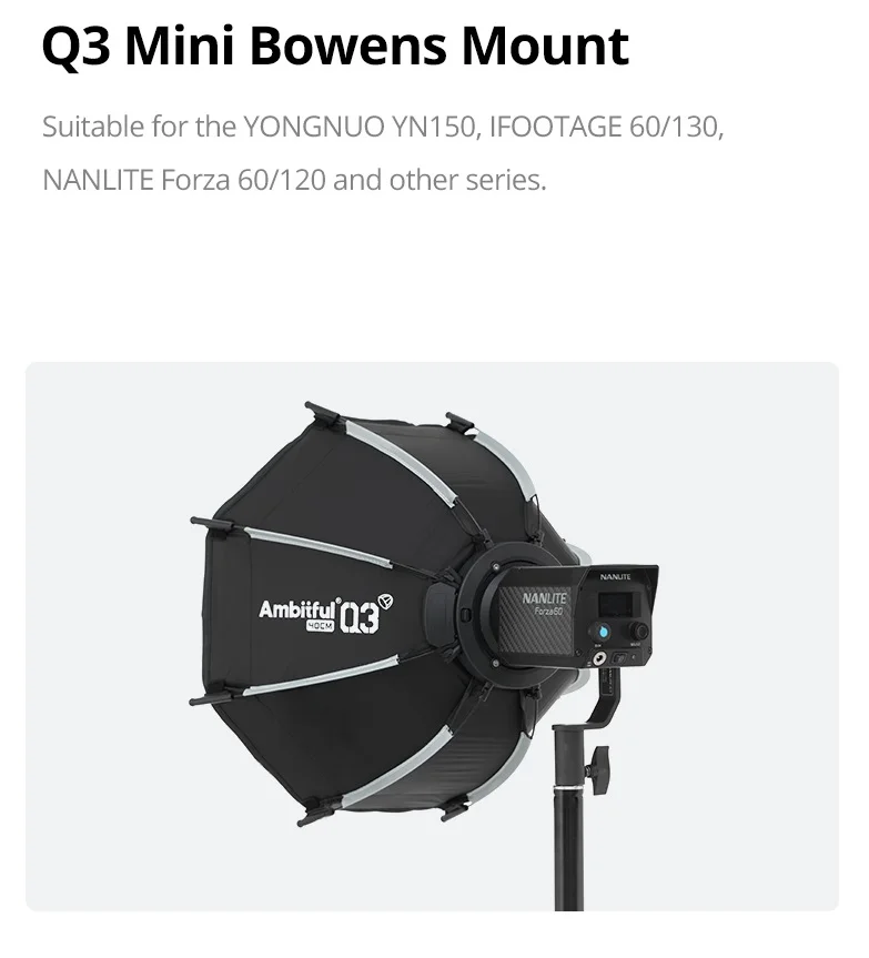 New AMBITFUL Q3 Quick Release Softbox With Optional Grid,Mini Bowens,GODOX Mount,Flashlight Bracket For GODOX YONGNUO NANLITE