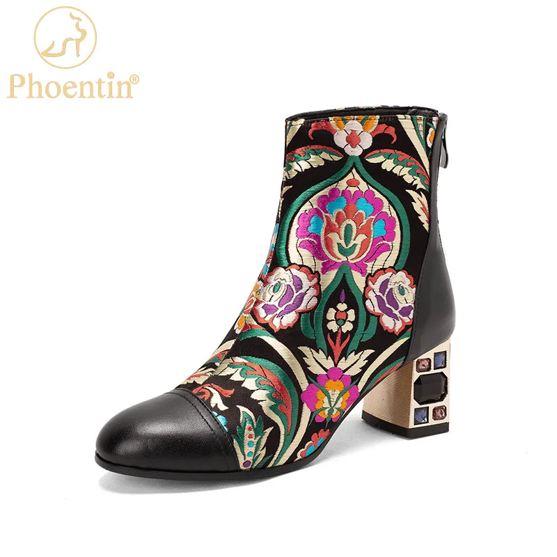 

Phoentin Ethnic flower Embroidery Ankle Boots Autumn Winter women's boots crystal high heels female short boots big size FT2119