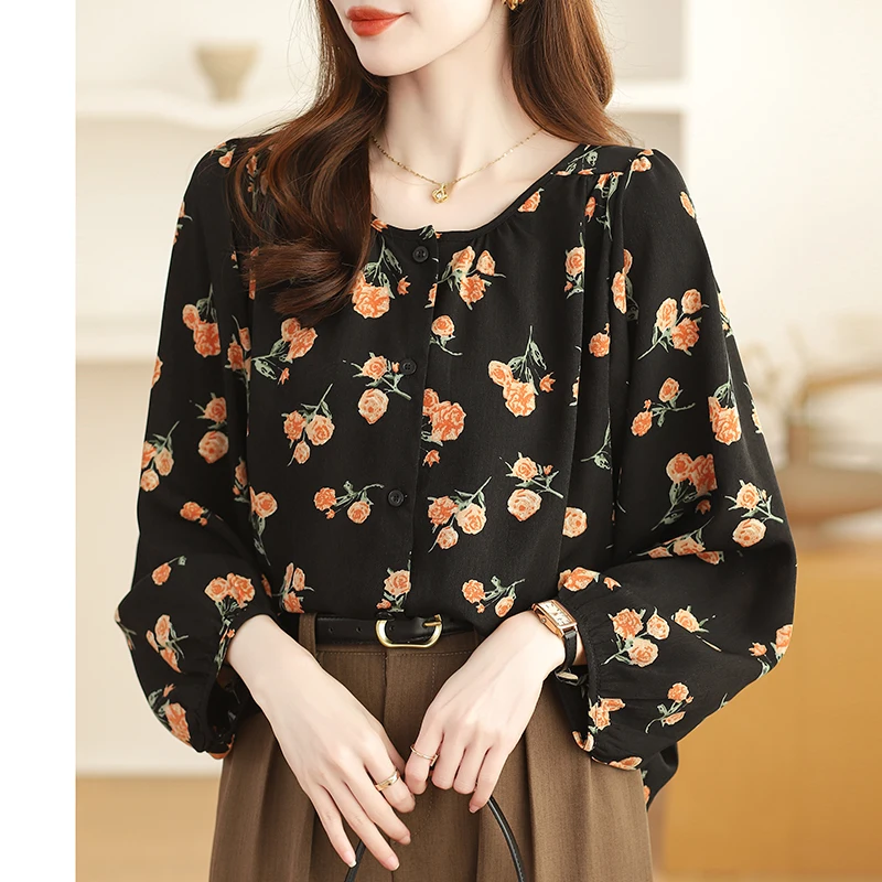 Women Summer Korean Chiffon Office Lady Printing O-neck Long Sleeve Shirts Women Clothes Casual All-match Simplicity Trend Tops