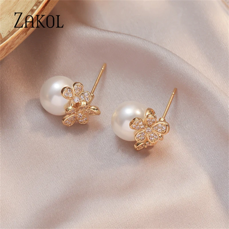 ZAKOL Exquisite Micro Inlay Zircon Flower Stud Earrings for Women Fashion Pearl Wedding Party Jewelry