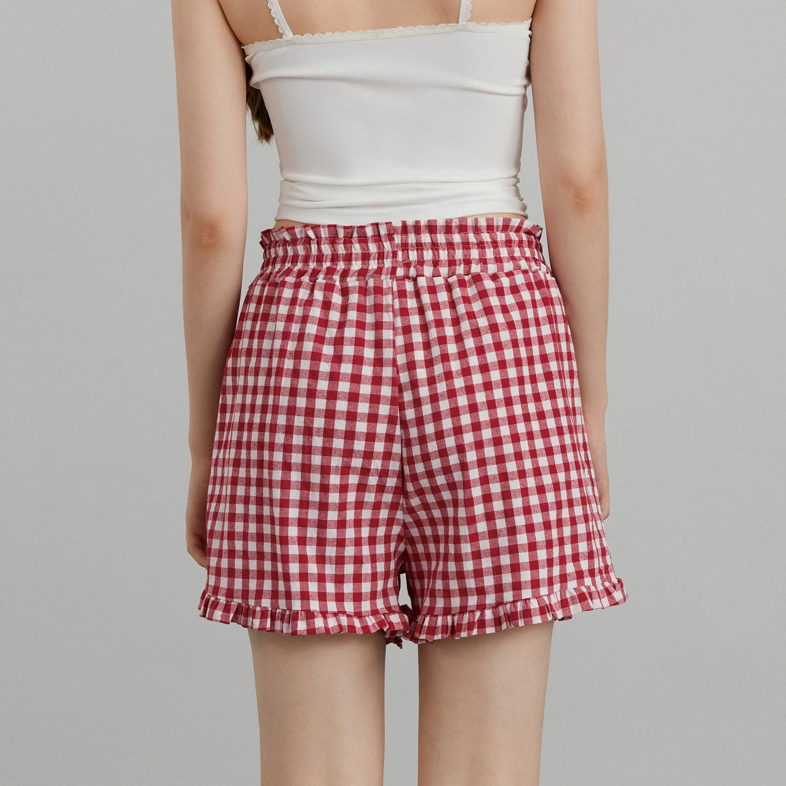 Women's Plaid Shorts Casual Loose Fitting Elastic Waist Shirred Ruffled Trim Short Pants Lounge Shorts