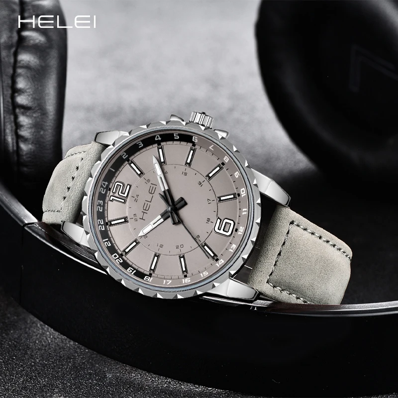 HELEI2024 reloj de cuarzo para hombre, correa de cuero genuino, 24 horas, resistente al agua, regalo