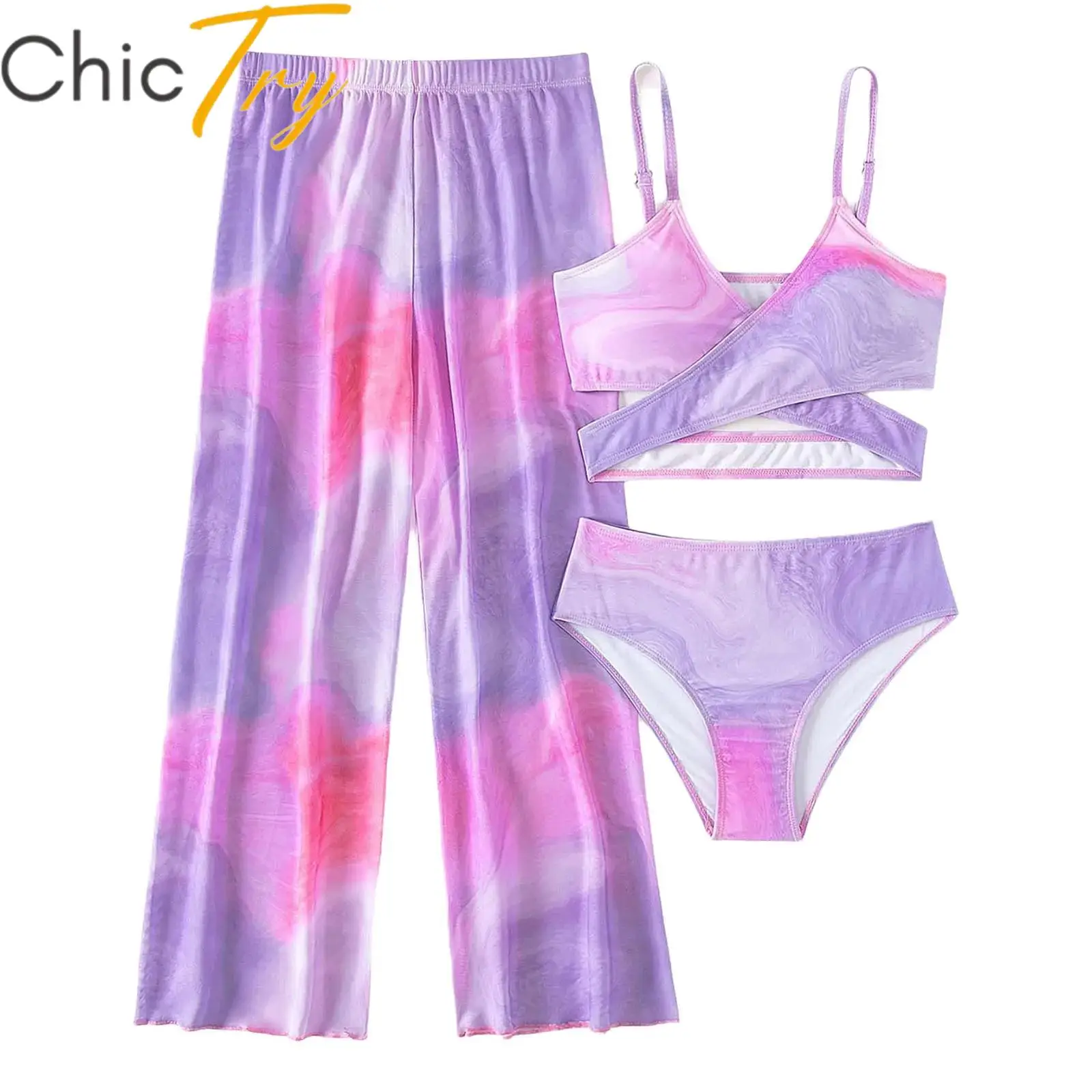 

Kids Girls Printed Swimsuits 3 Piece Bikini Swim Sets Bathing Suit Swimwear Adjustable Straps Top with Briefs and Cover Up Pants