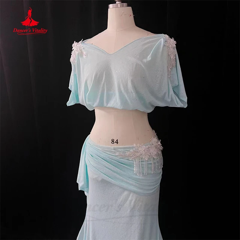 Belly Dance Professional Costume Suit Loose Half Sleeves Top+Fishtail Skirt 2 Pcs for Women Oriental Belly Dancing Wear Clothing