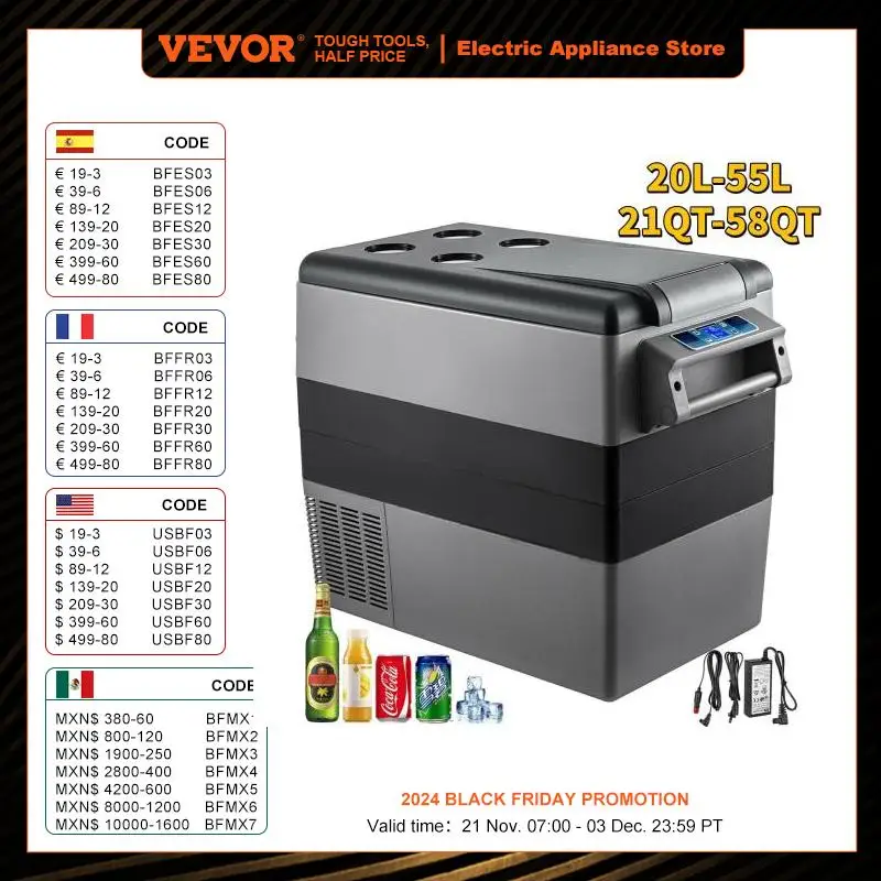 VEVOR 20L 22L 35L 45L 55L Réfrigérateur de Voiture Mini Congélateur Glacière Portable Frigo Auto