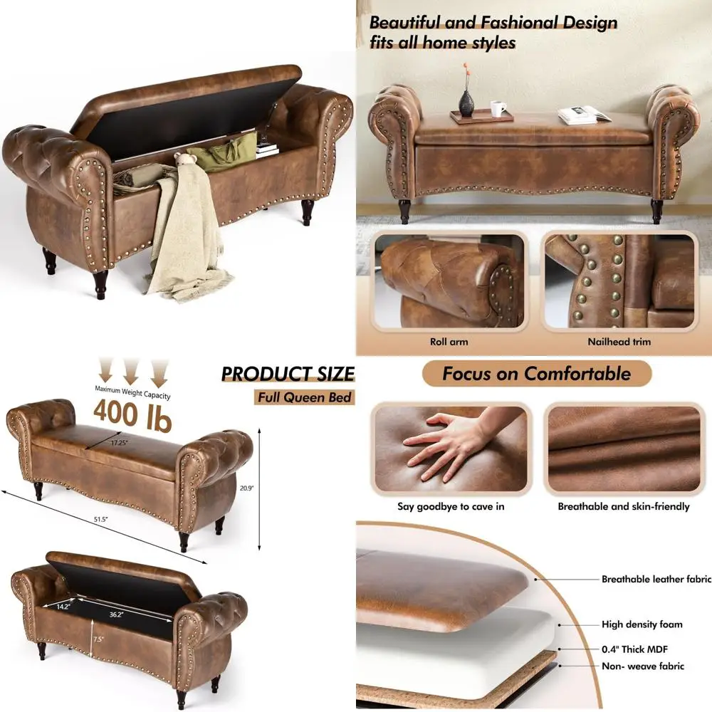 

Мягкая оттоманская скамья для хранения вещей 53, длинная, с тафтинговым дизайном, закатанным кронштейном и отделкой гвоздями для повышенного комфорта и стиля.