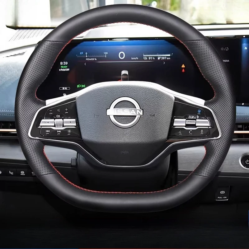 for Nissan Ariya 2023 2024 2025 Hand-Stitched Black Genuine Leather car steering wheel cover