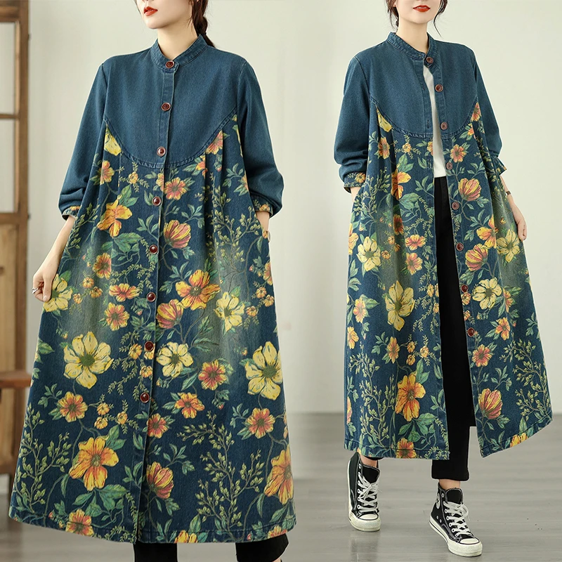 

Джинсовая куртка с круглым принтом в стиле ретро, свободная повседневная ветровка средней длины большого размера, корейское пальто Long Sve Cotto...