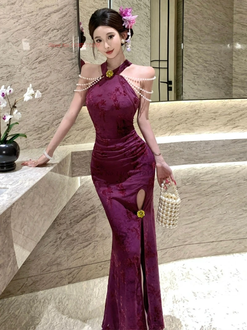 

Платье для восточного ночного клуба 2025, улучшенное традиционное жаккардовое бархатное платье Ципао без рукавов, облегающее банкетное платье Ципао