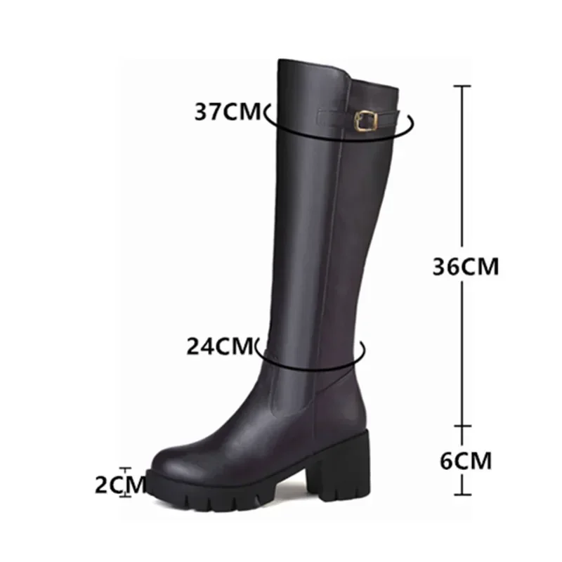 Casual Women Platform Snow Boots Buckle Women Knee High Boots Warm Fur Winter Riding Boot Female Black Brown Shoes Large Size 45