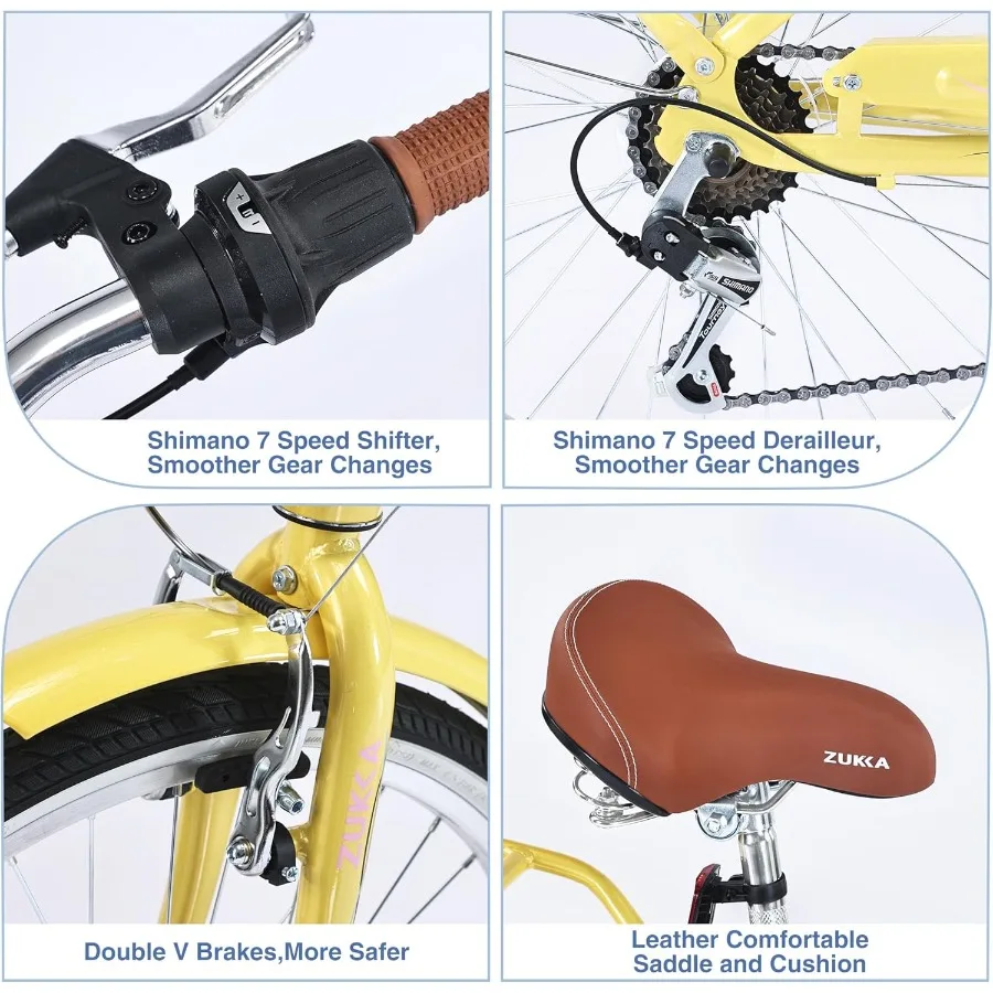 Rower damski cruiser dla dorosłych, 24/26 cali, 7 biegów, stalowa rama, rowery miejskie, rower dojazdowy dla kobiet, mężczyzn, seniorów, różne kolory