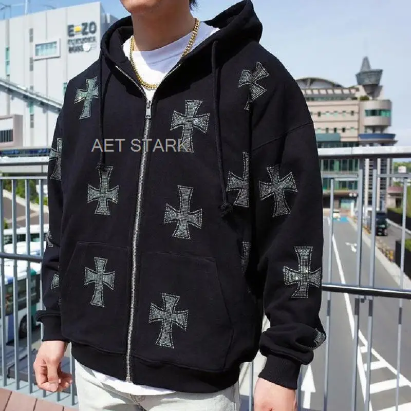 Zip Up Hoodie Rhinestone Goth Long Sleeve Hoodies Hip Hop Punk Joggers Sweatshirt Y2k Jacket Men And Woman Sport Coat Streetwear