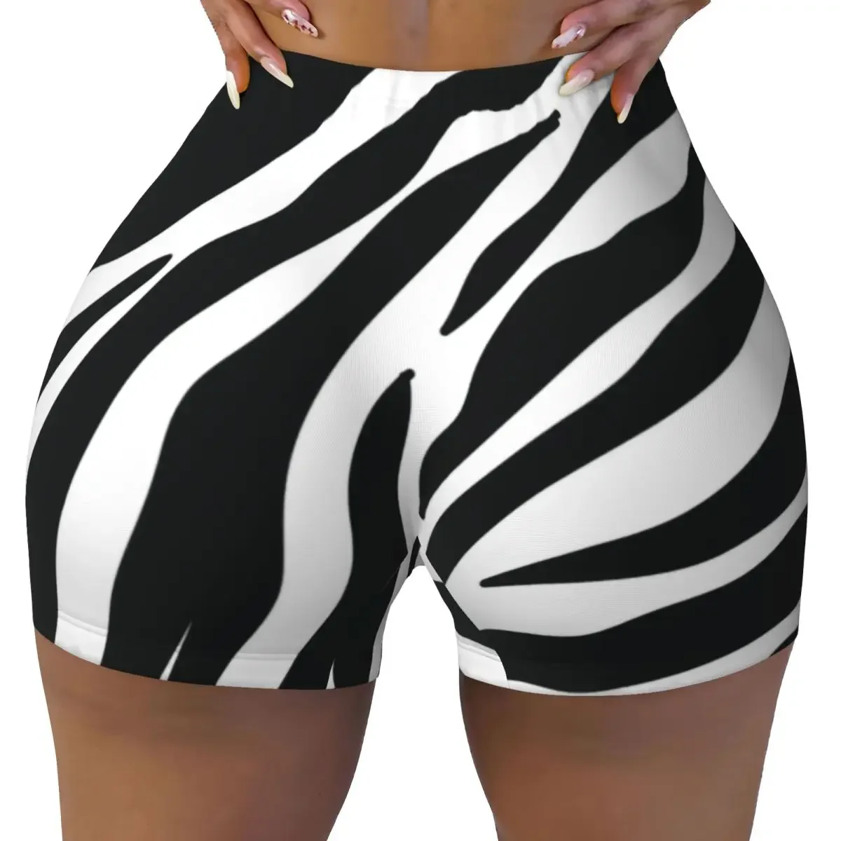 Custom Tropical Wild Animal Leather Zebra Skin Workout Yoga Shorts Black And White Stripes Athletic Gym Volleyball Biker Shorts