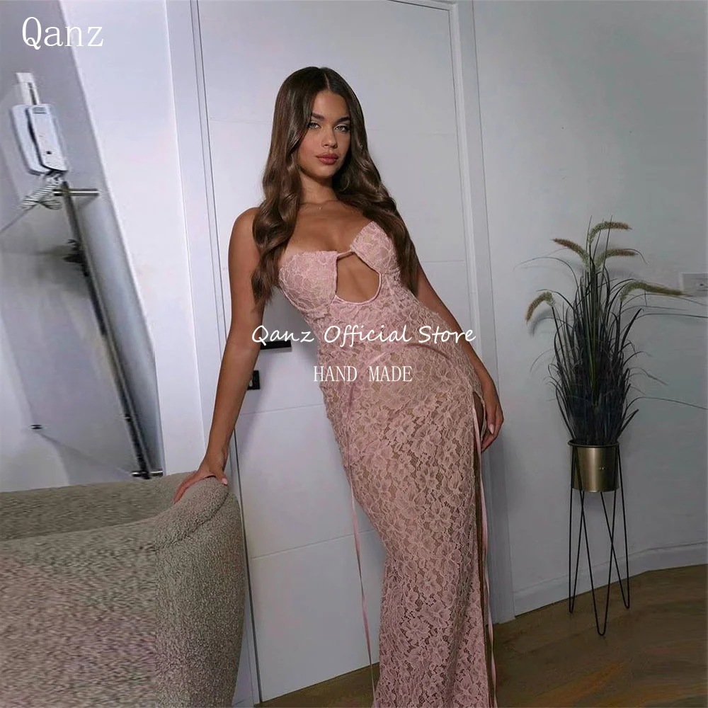 

Qanz Dirty Pink Full Lace Evening Dresses Mermaid High Leg Slit Strapless Robe De Soiree Luxueuse Femme Dubai Sexy Party Gowns