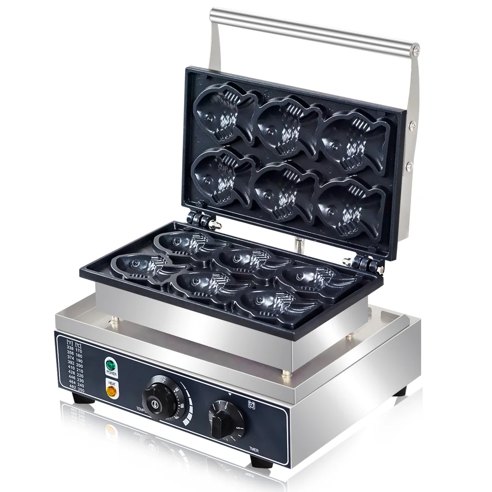 ماكينة صنع وافل الأسماك التجارية من Taiyaki، ماكينة صنع الوافل اليابانية الكهربائية غير اللاصقة بقدرة 1600 وات، ماكينة صنع تاياكي