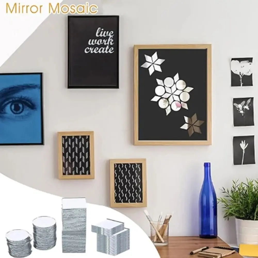 200PCS Multi Shape DIY Craft Mirror Stickers Round Square Triangle Acrylic Mirror Tiles Decals Adhesive Backing 2.5cm