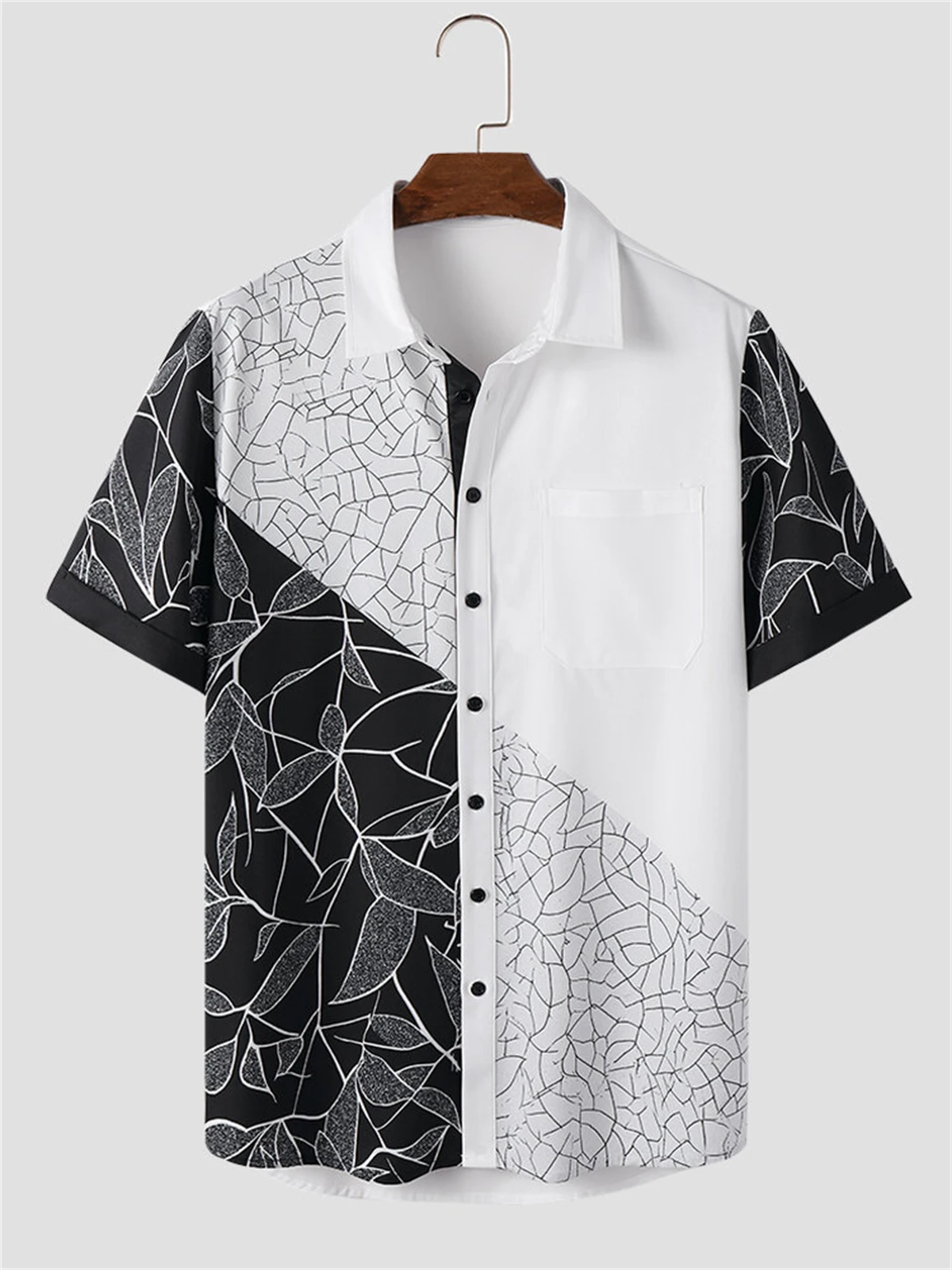 Chinese ink style print men\'s shirt Hawaiian beach casual men\'s lapel top large size comfortable men\'s short-sleeved shirt