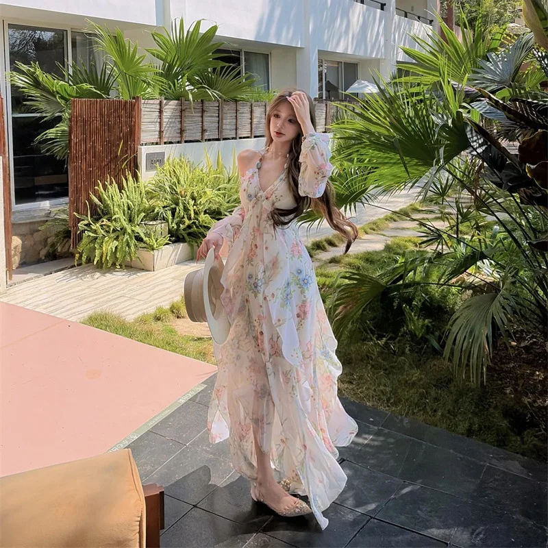

Seaside Vacation Floral Neck Dress Women's Summer Unique Beautiful Temperament Beach Dress