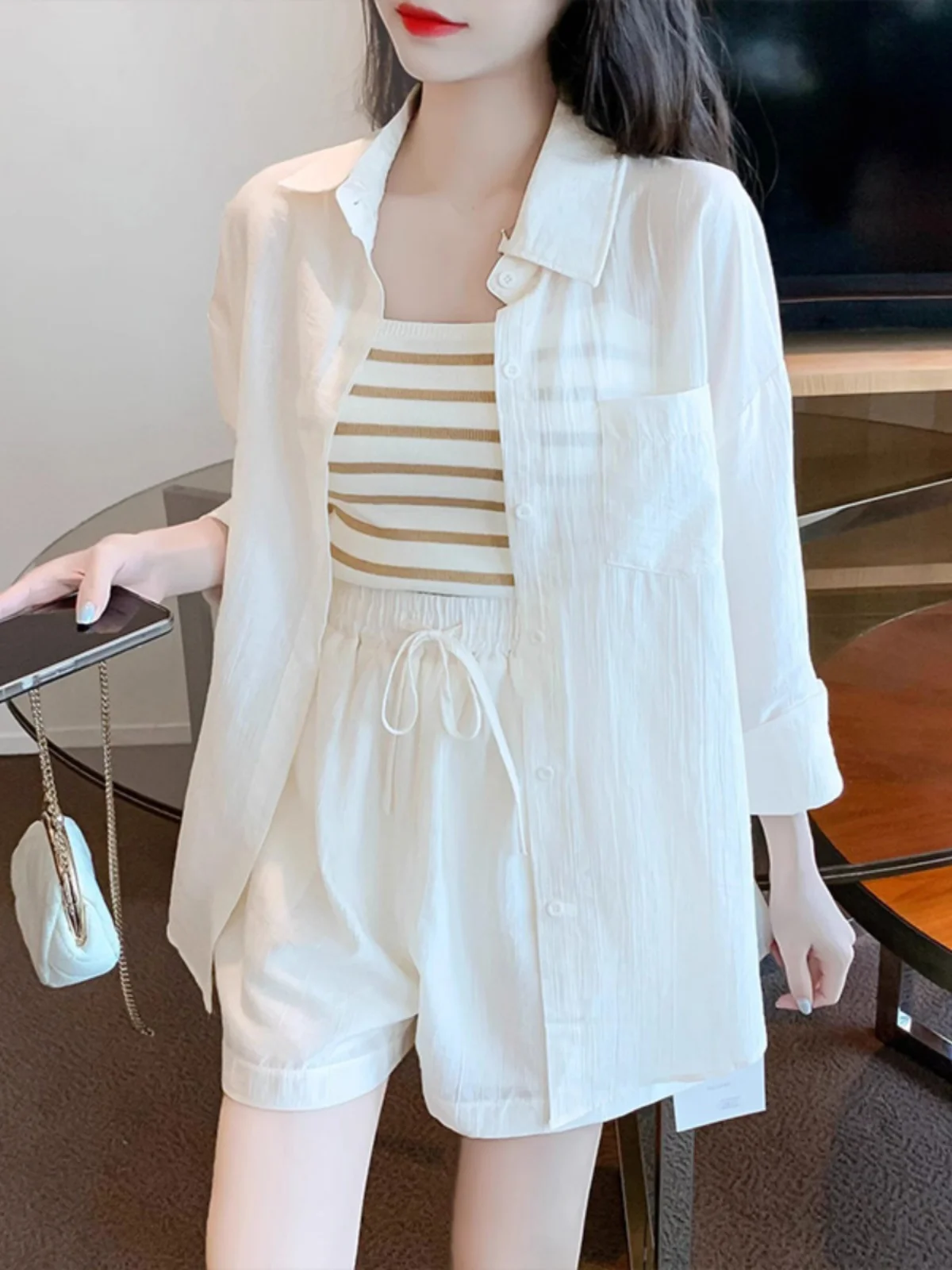 

Summer Fashion Three-Piece Set Sun Protection Shirt Vest Shorts Combo Trendy Streetwear Small Size Women's Clothing